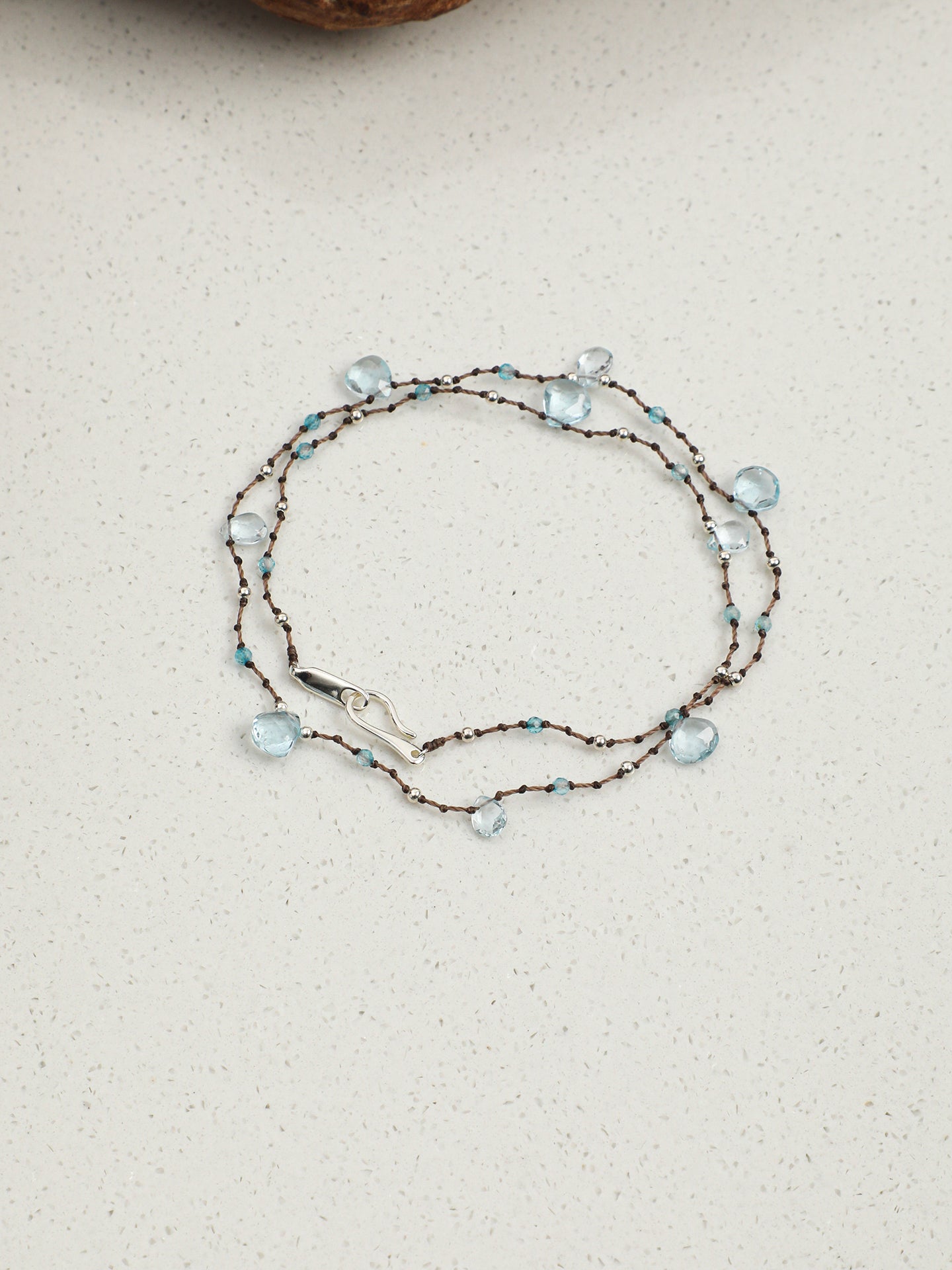 Minimal Blue Topaz Teardrop Wax Cord Choker, 925 Silver Handmade Dainty Layering Necklace For Women Everyday Wear