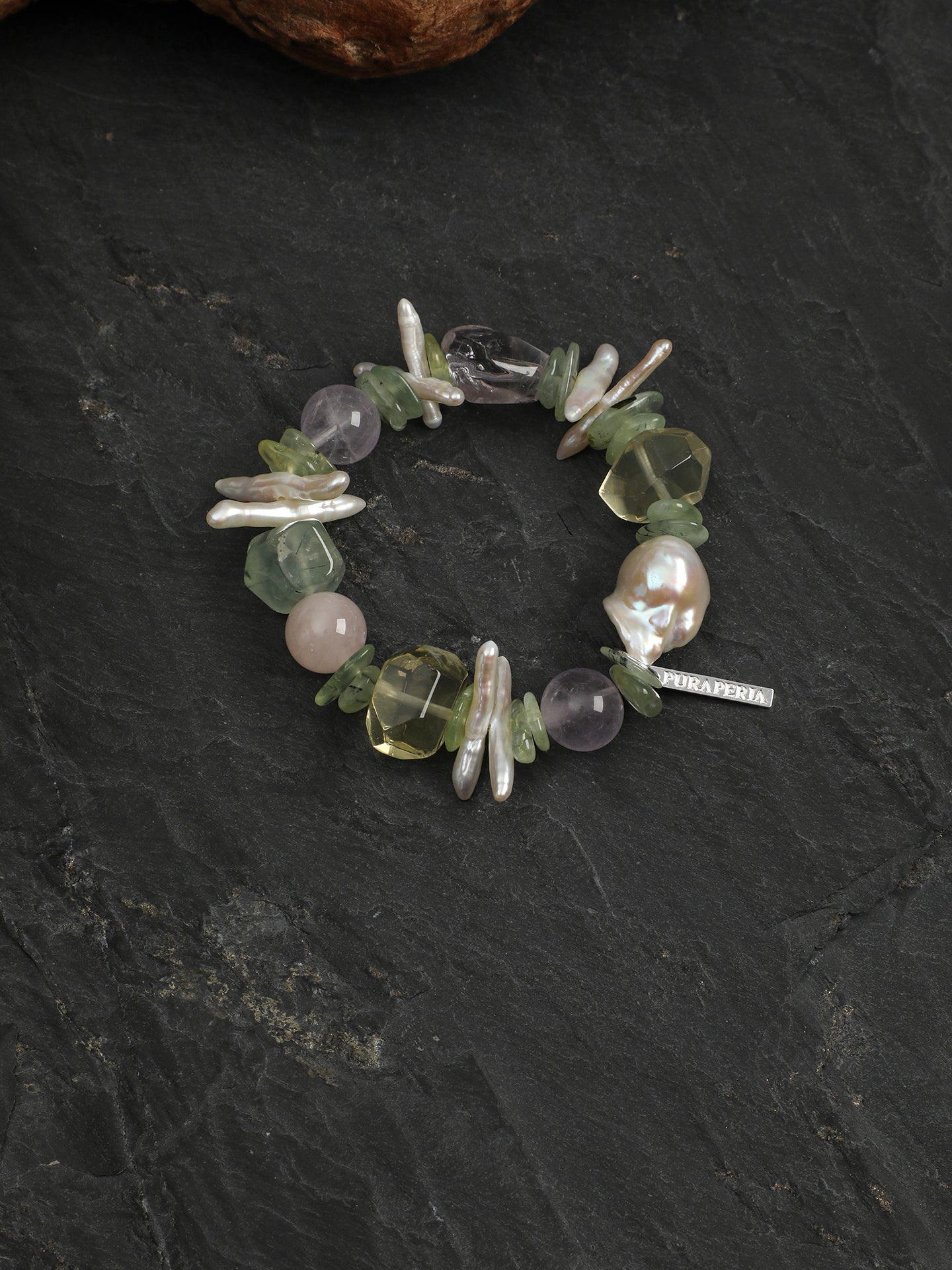 Mixed Natural Crystal Beaded Bracelet With Engravable 925 Silver Logo Tag