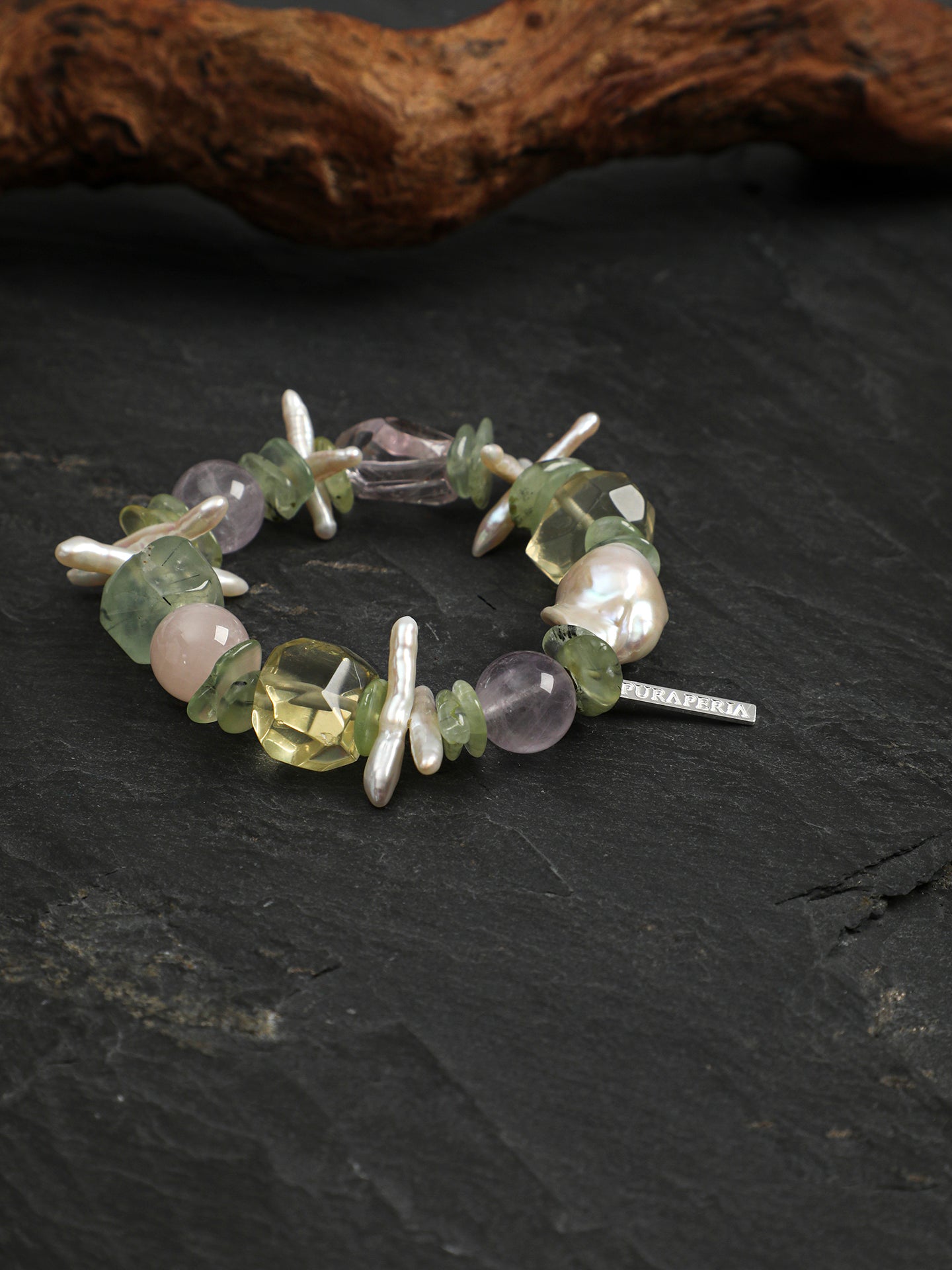 Mixed Natural Crystal Beaded Bracelet With Engravable 925 Silver Logo Tag