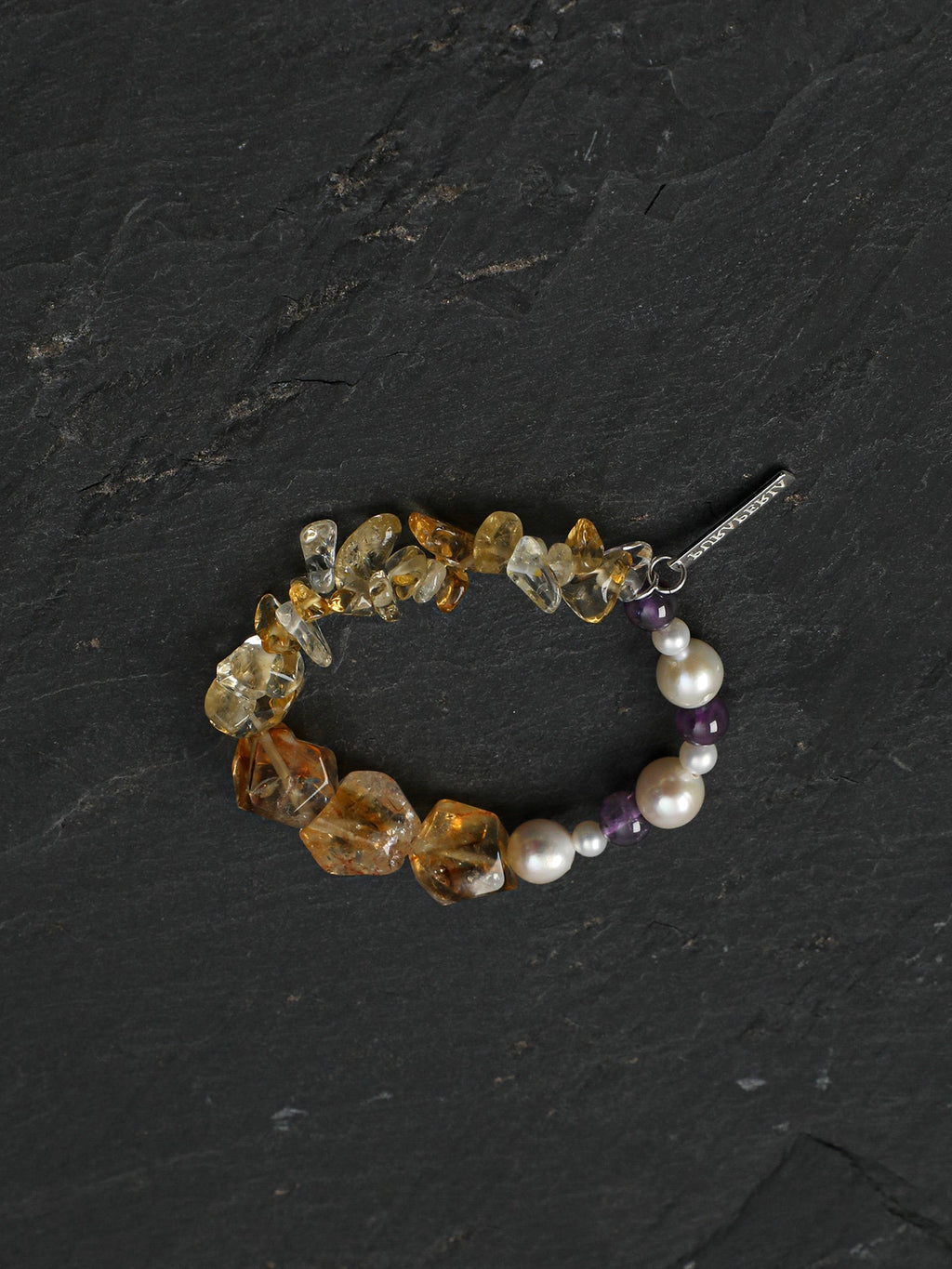 Natural Citrine Pearl Amethyst Chip Silver Toggle Bracelet, Wealth Energy Dainty Stackable Crystal Jewelry