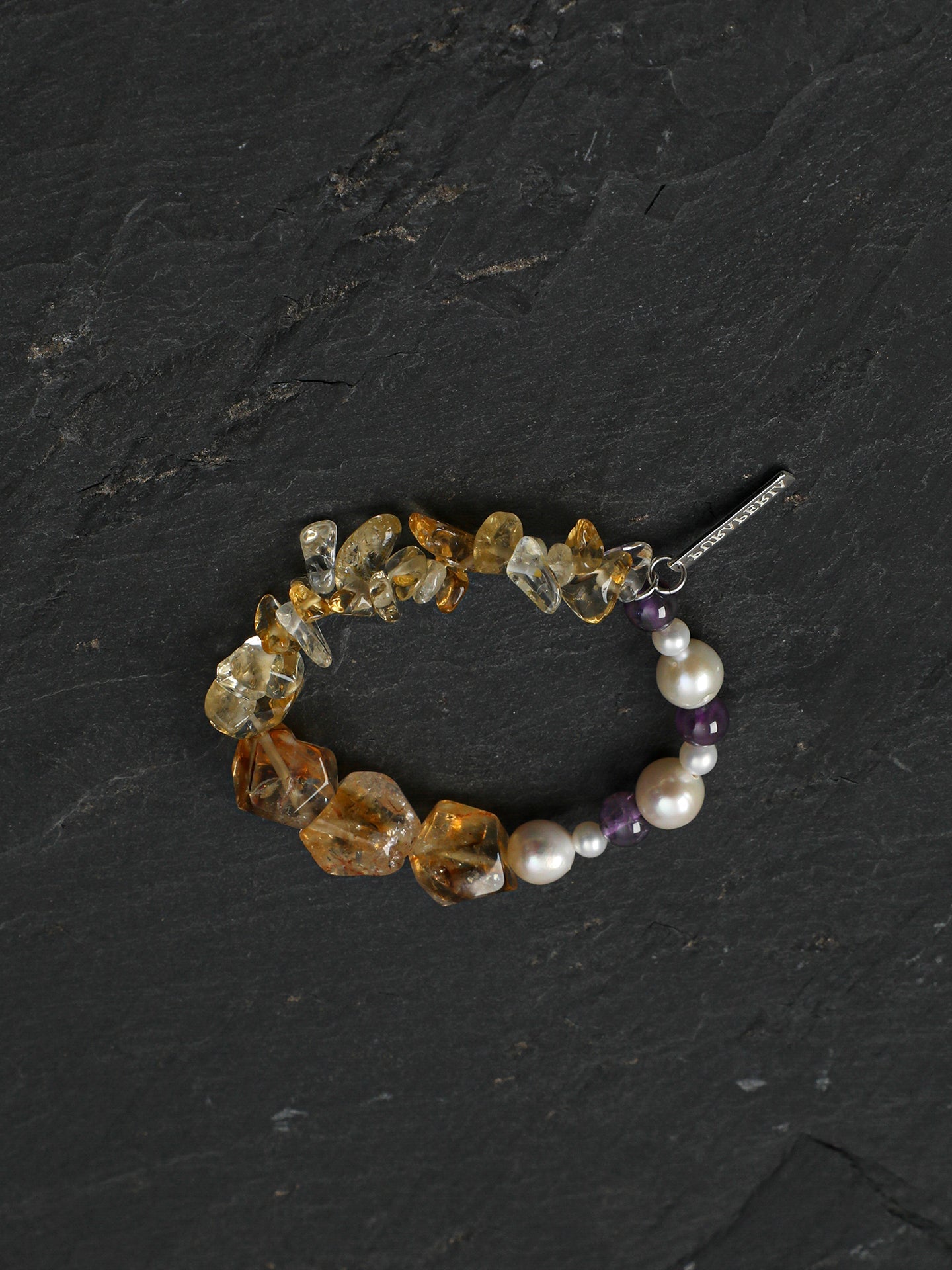 Natural Citrine Pearl Amethyst Chip Silver Toggle Bracelet, Wealth Energy Dainty Stackable Crystal Jewelry