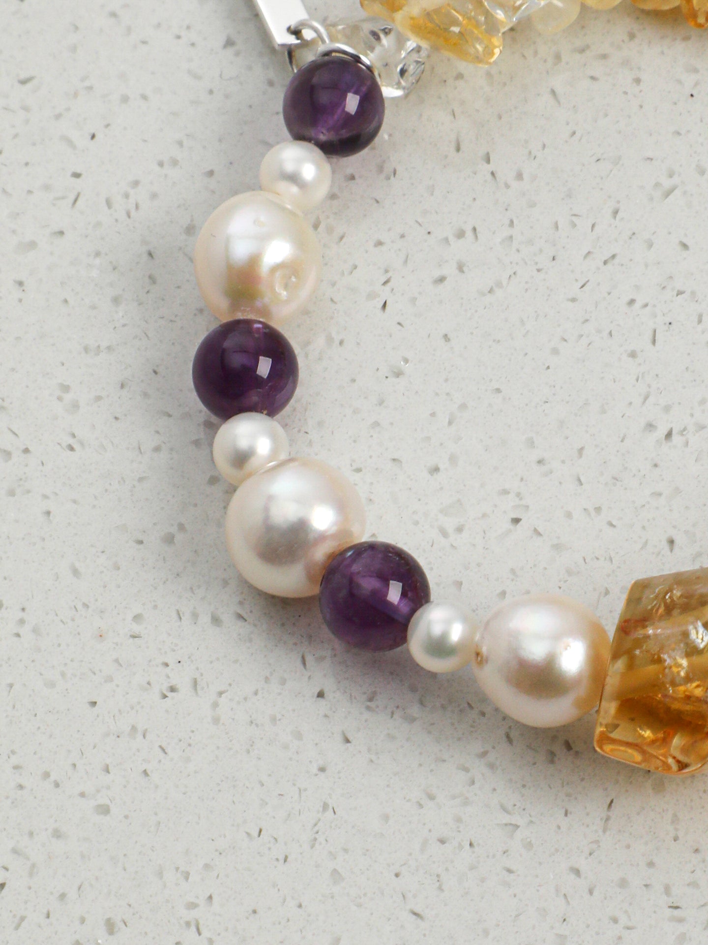 Natural Citrine Pearl Amethyst Chip Silver Toggle Bracelet, Wealth Energy Dainty Stackable Crystal Jewelry