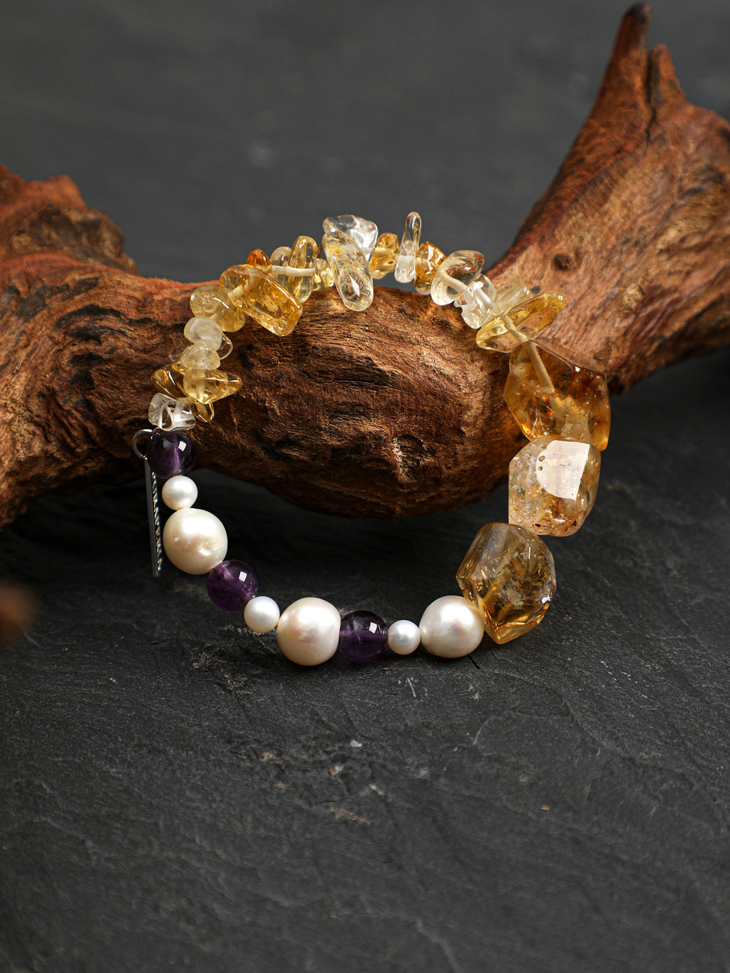 Natural Citrine Pearl Amethyst Chip Silver Toggle Bracelet, Wealth Energy Dainty Stackable Crystal Jewelry