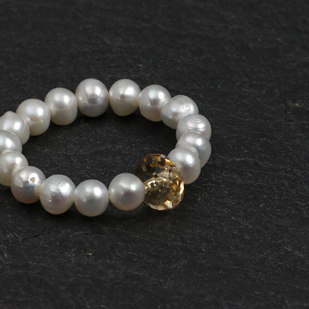 Stretch Beaded Freshwater Pearl Ring With Natural Gemstone, 5 Colors Wufu Lucky Ring