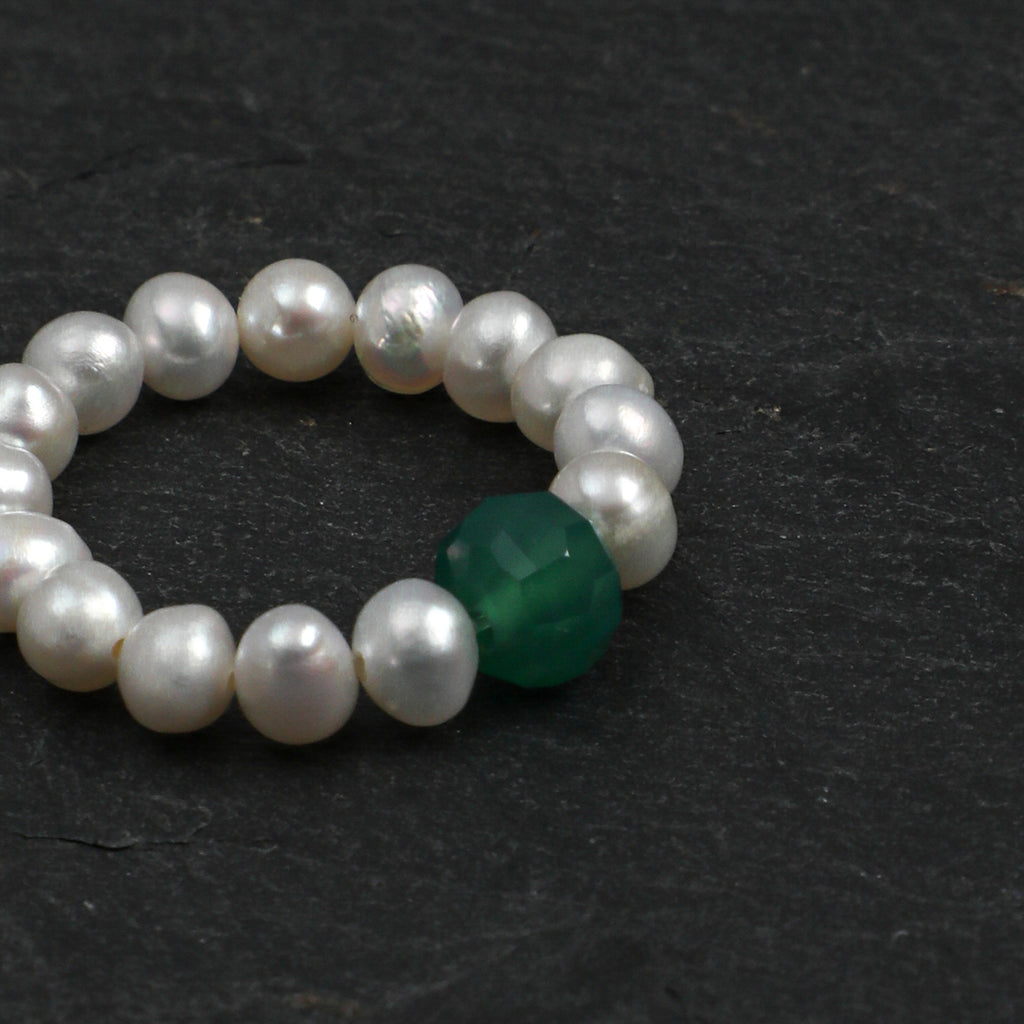 Stretch Beaded Freshwater Pearl Ring With Natural Gemstone, 5 Colors Wufu Lucky Ring