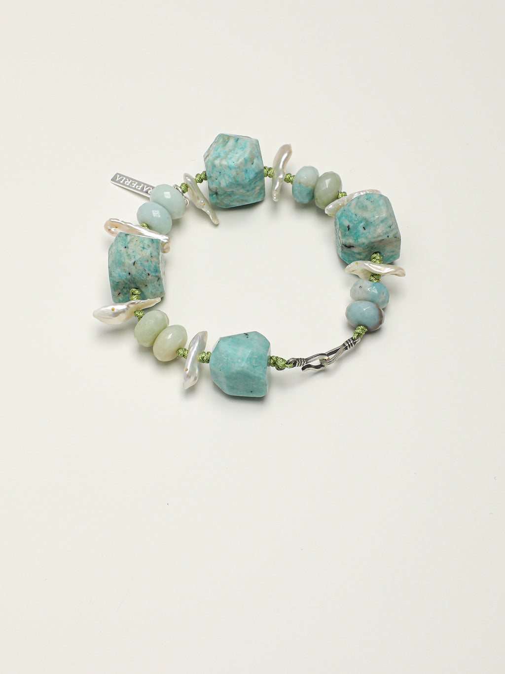 Irregular Amazonite Crystal Stackable Bracelet With Tiny Silver Logo Pendant Gift