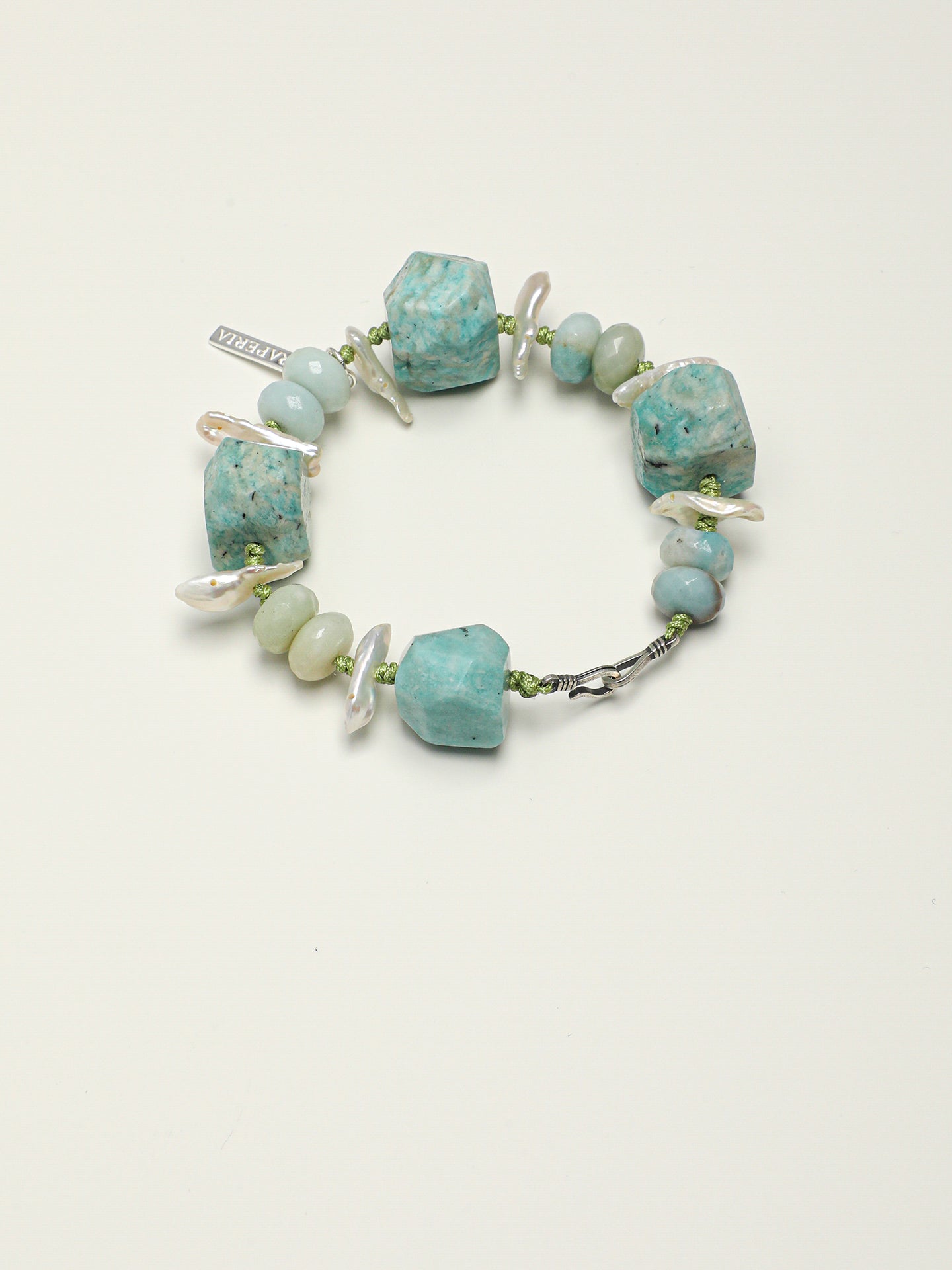 Irregular Amazonite Crystal Stackable Bracelet With Tiny Silver Logo Pendant Gift