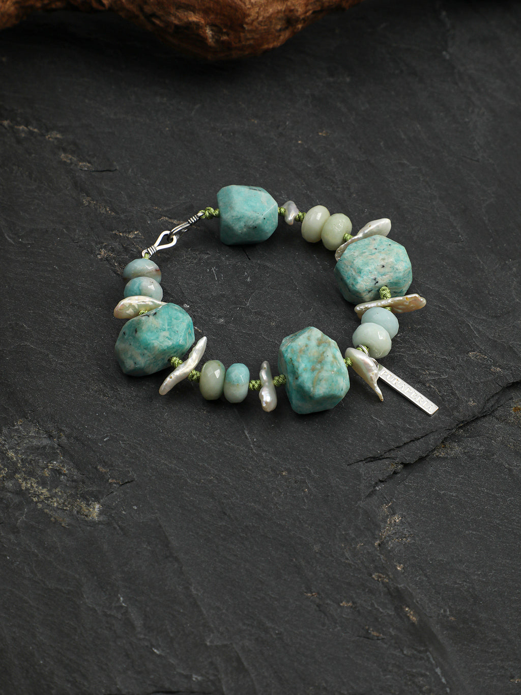 Irregular Amazonite Crystal Stackable Bracelet With Tiny Silver Logo Pendant Gift