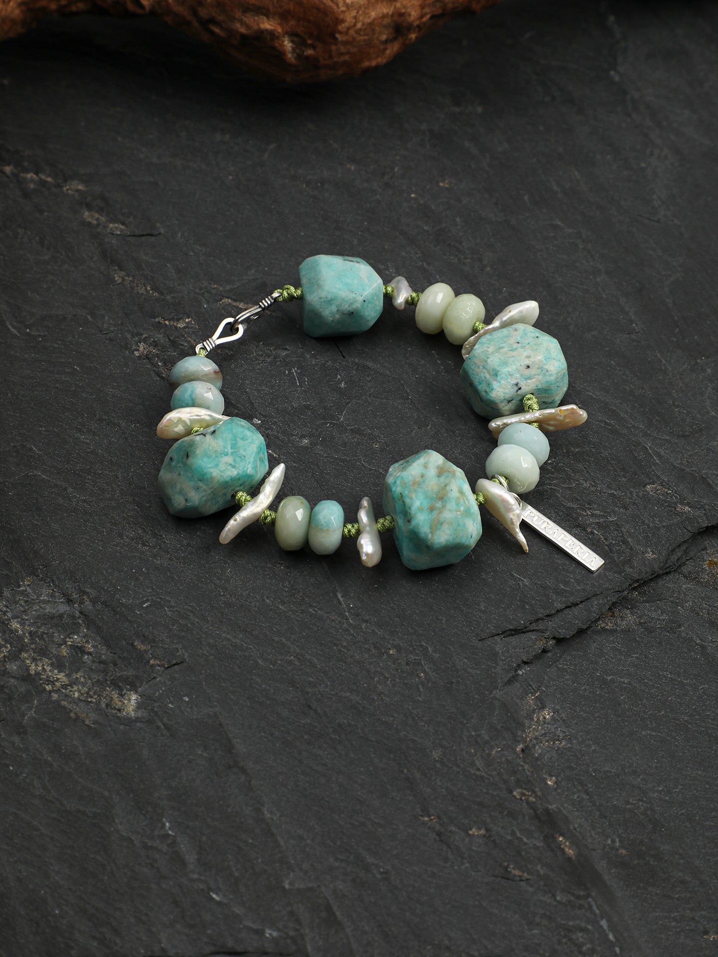 Irregular Amazonite Crystal Stackable Bracelet With Tiny Silver Logo Pendant Gift