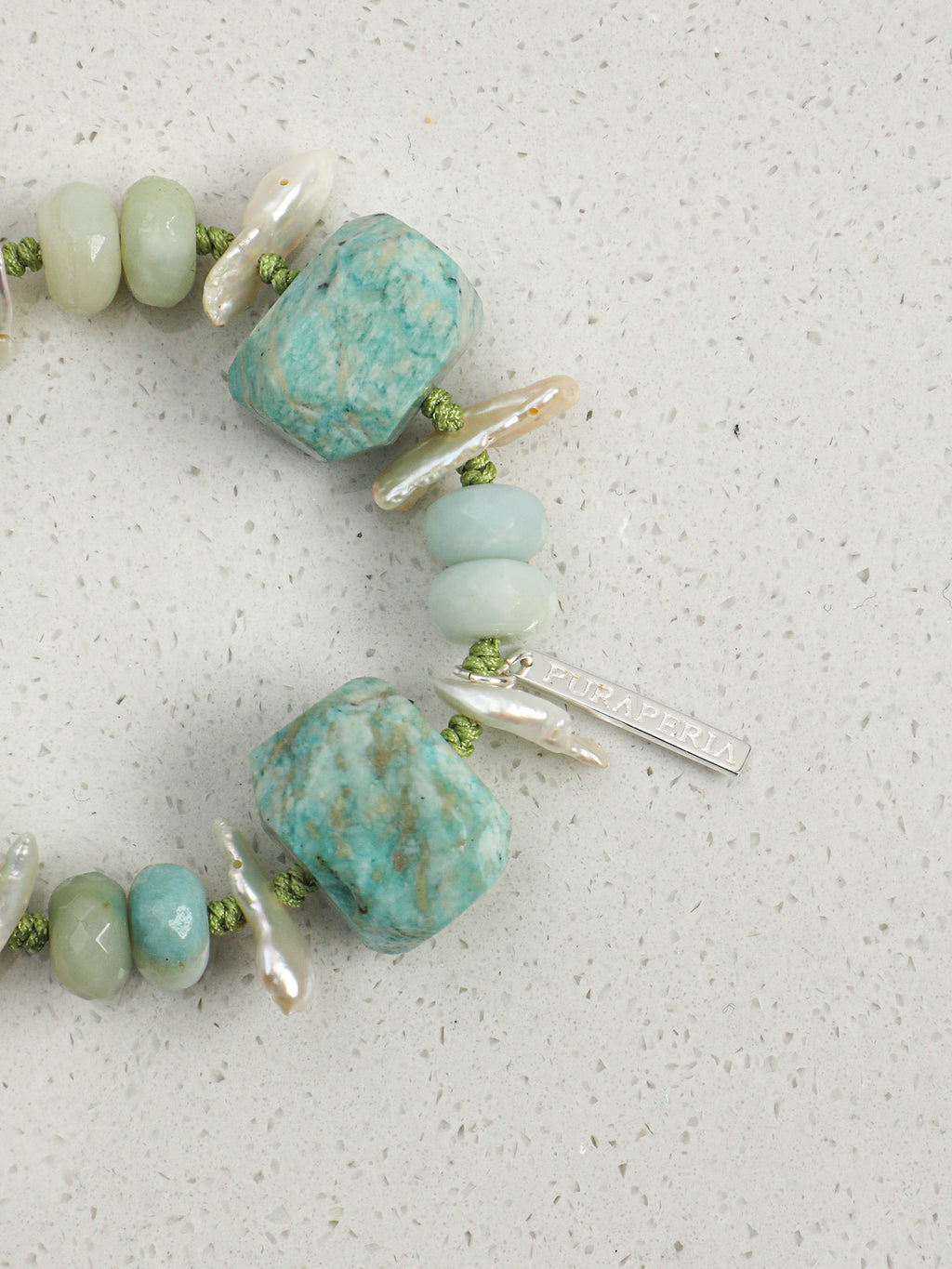 Irregular Amazonite Crystal Stackable Bracelet With Tiny Silver Logo Pendant Gift
