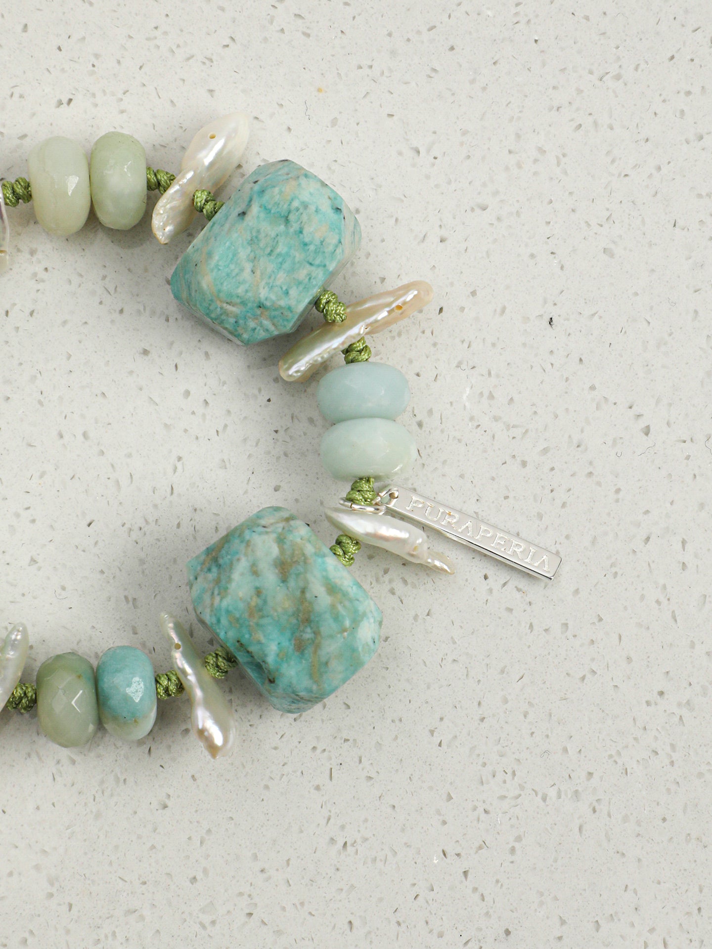 Irregular Amazonite Crystal Stackable Bracelet With Tiny Silver Logo Pendant Gift