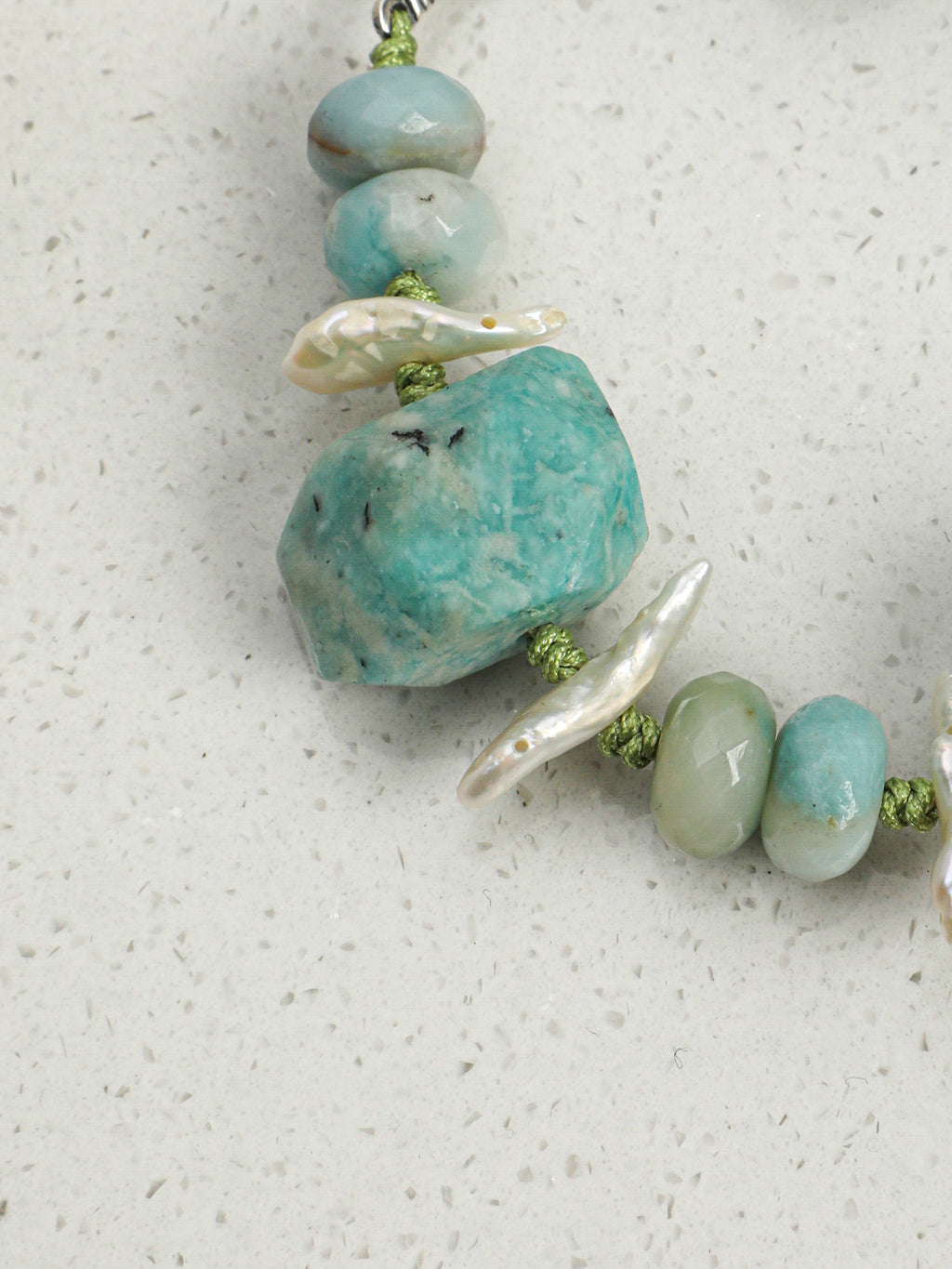 Irregular Amazonite Crystal Stackable Bracelet With Tiny Silver Logo Pendant Gift