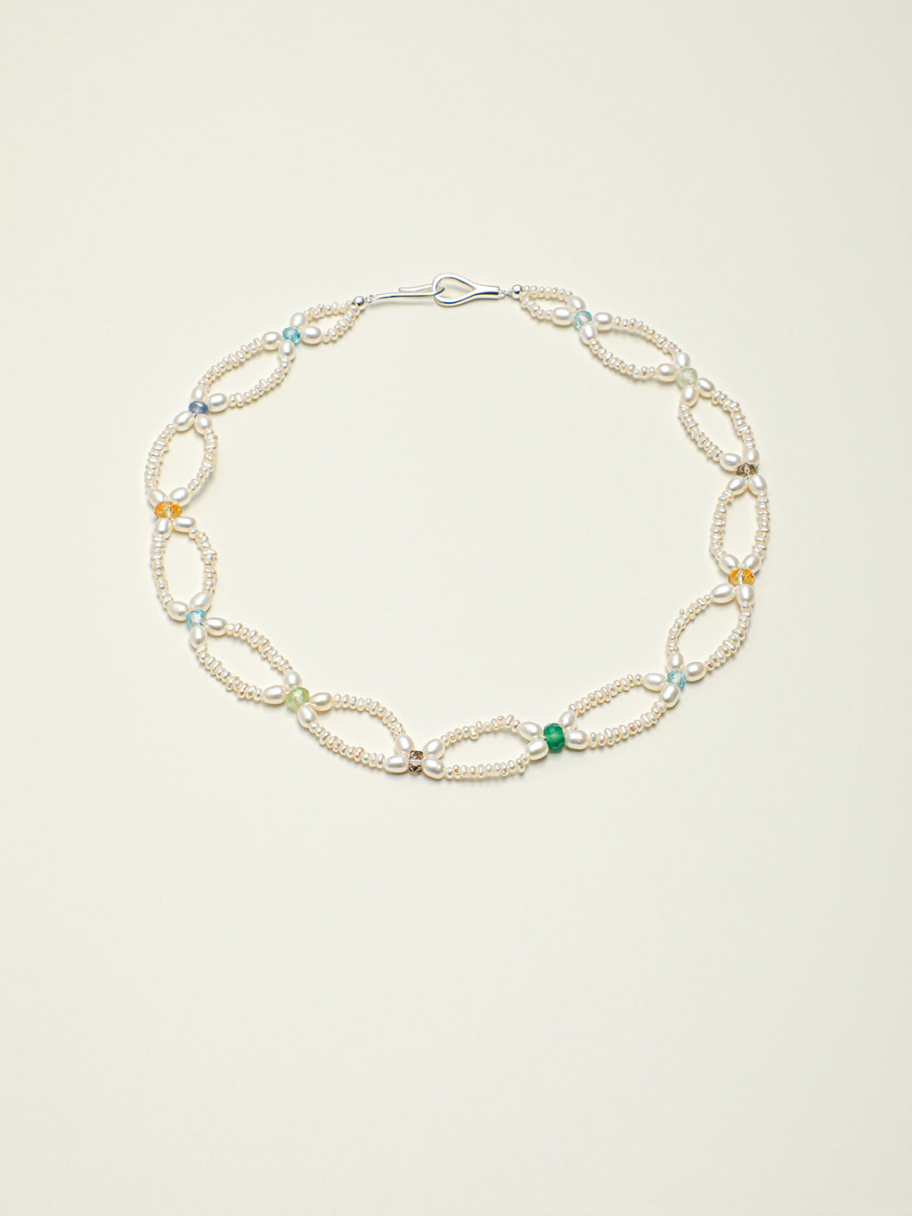 Multi Gemstone Flat Pearl Choker Necklace With Engravable 925 Silver Tag
