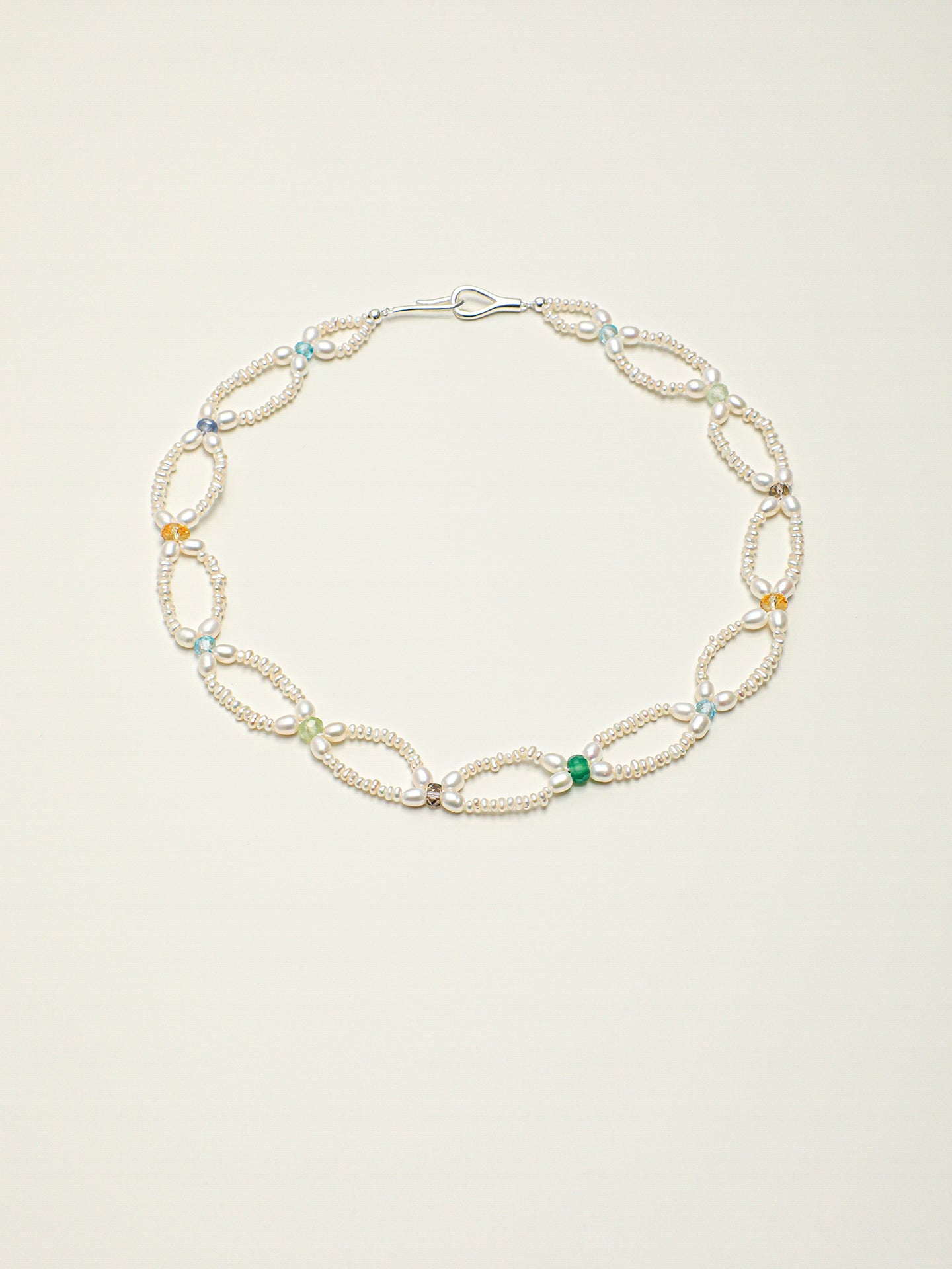 Multi Gemstone Flat Pearl Choker Necklace With Engravable 925 Silver Tag