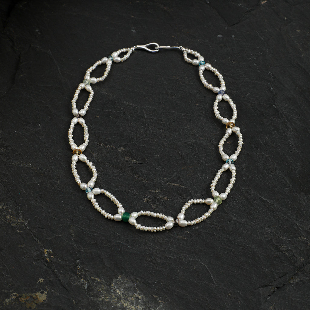 Multi Gemstone Flat Pearl Choker Necklace With Engravable 925 Silver Tag