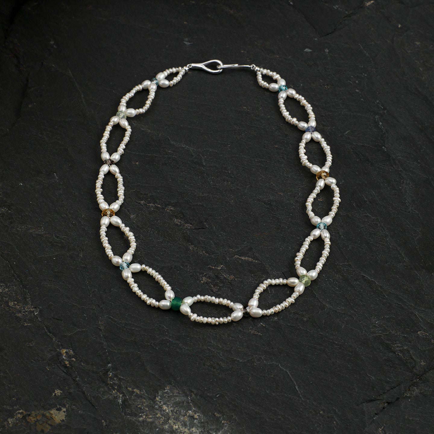 Multi Gemstone Flat Pearl Choker Necklace With Engravable 925 Silver Tag