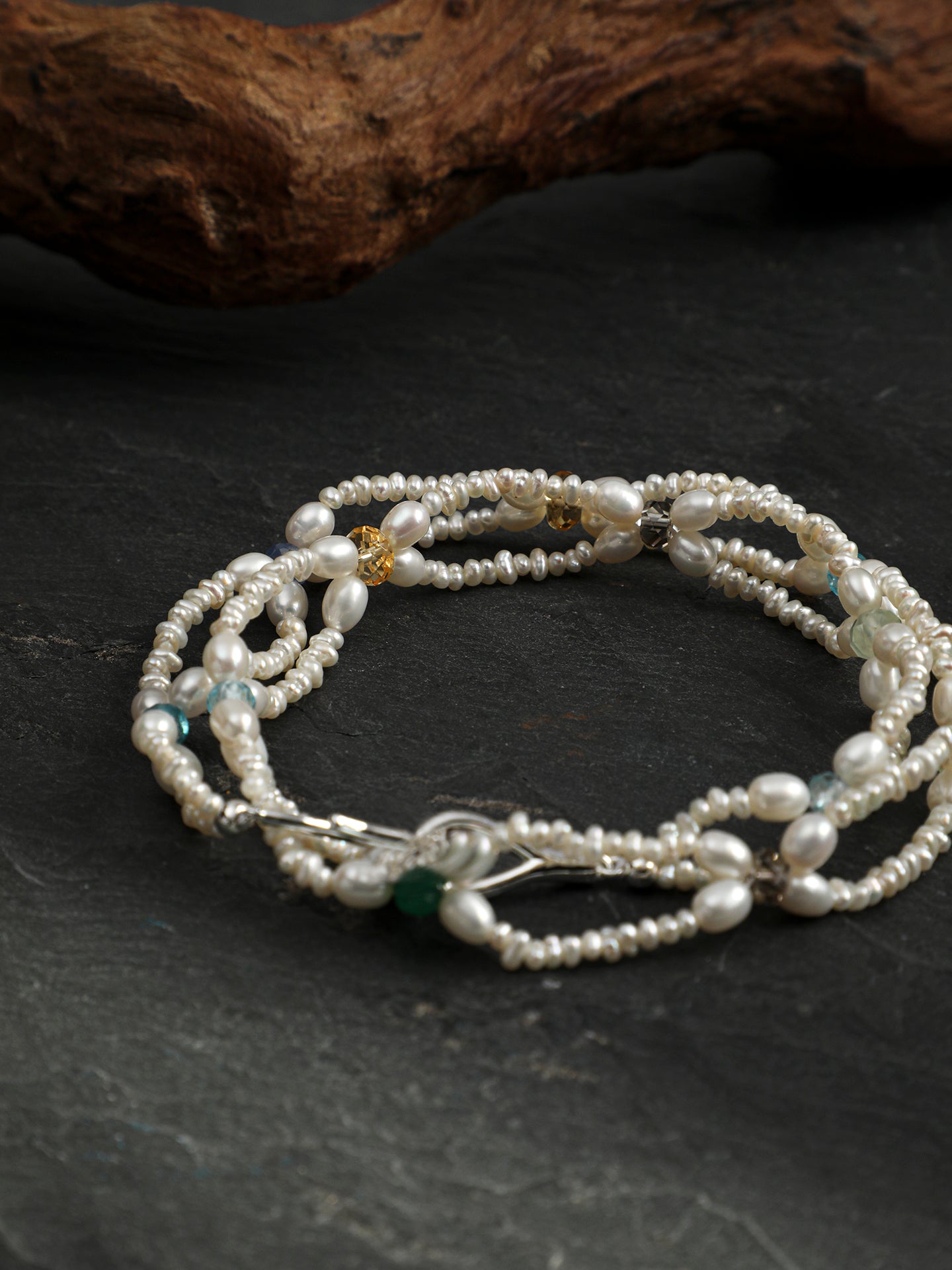 Multi Gemstone Flat Pearl Choker Necklace With Engravable 925 Silver Tag