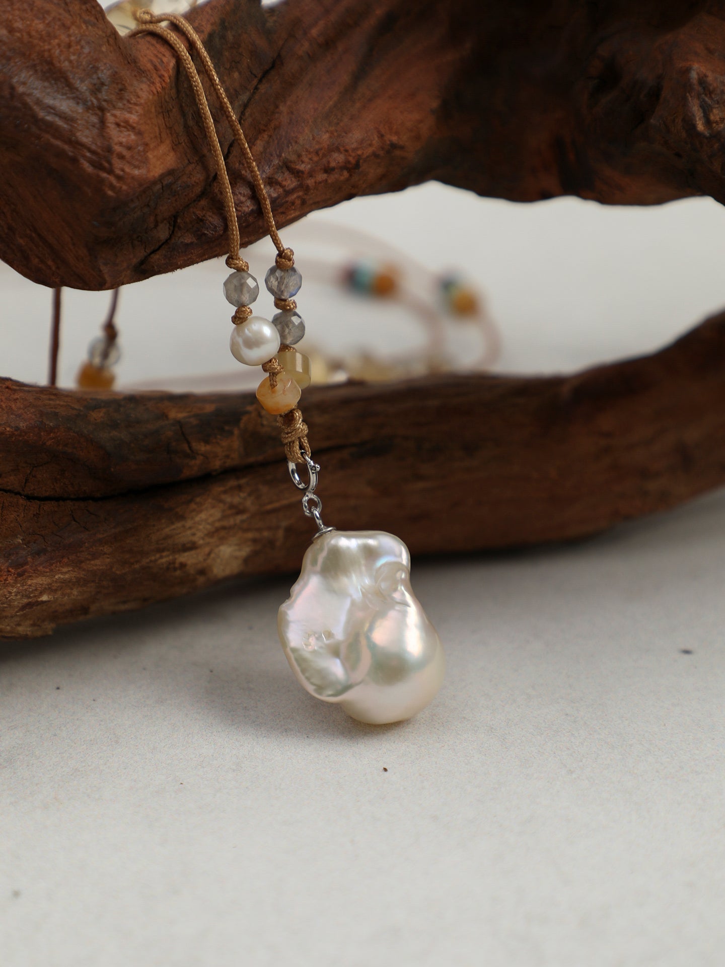 Natural Citrine Chips Baroque Pearl Wax Cord Long Necklace, Handmade Vintage Crystal Jewelry