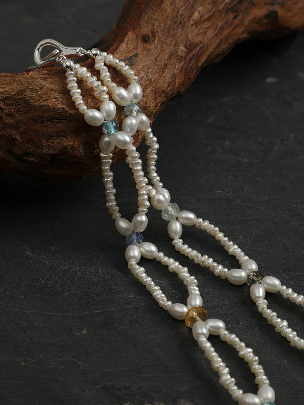 Multi Gemstone Flat Pearl Choker Necklace With Engravable 925 Silver Tag